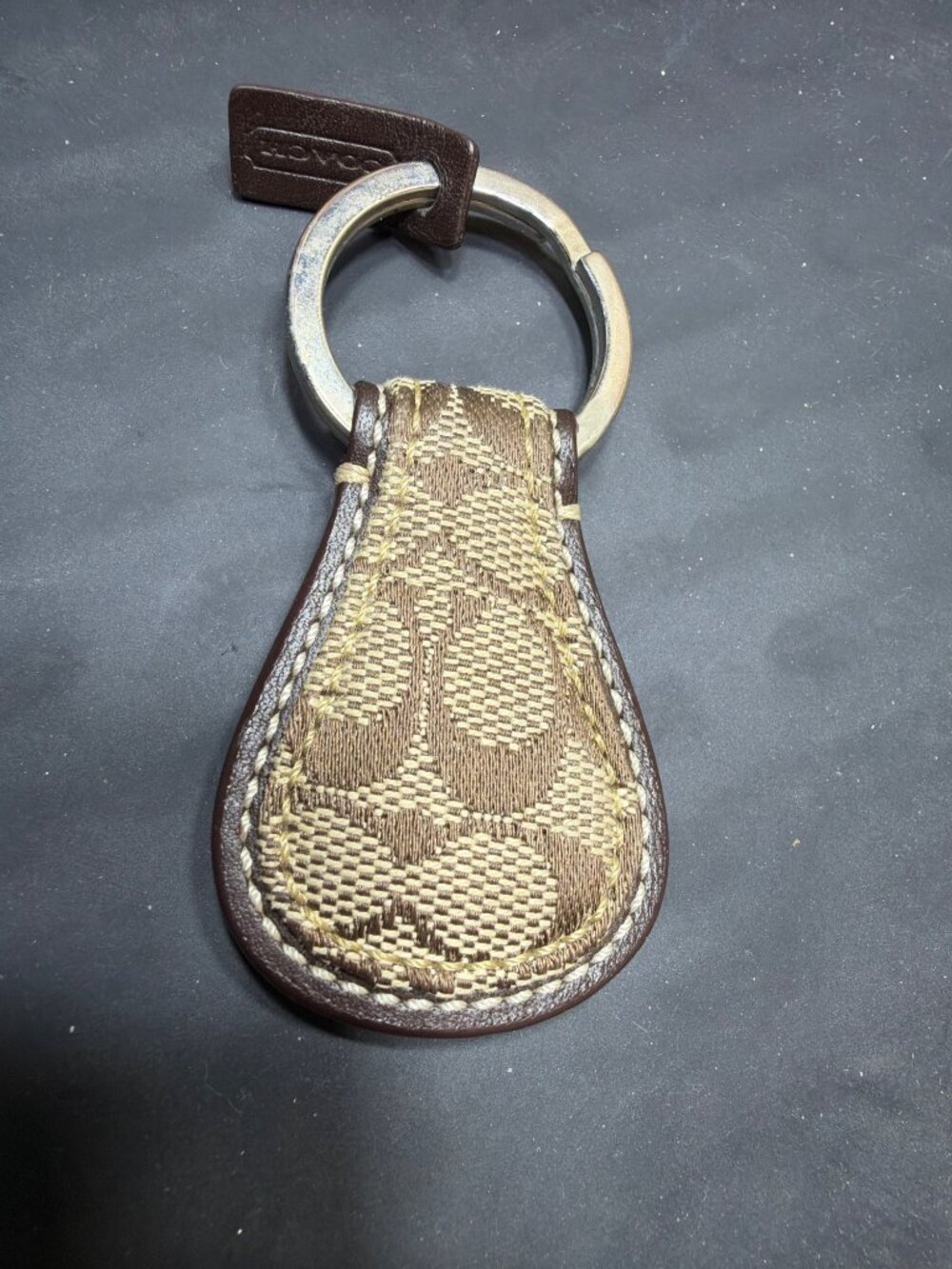 Coach Signature C Khaki Brown Jacquard Leather Teardrop Keyring Keychain Fob